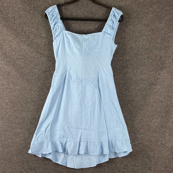 P Cill Linen Blend Mini Dress Womens Medium Blue Tie Front Ruffle Cut Out NEW - Picture 8 of 14